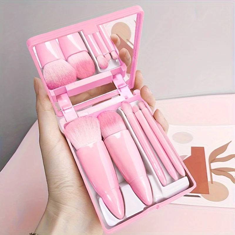 5Pcs Portable Makeup Brush Set With Mirror -  Foldable Travel Kit ,Mini Makeup Brush Set Travel Makeup Brush Set