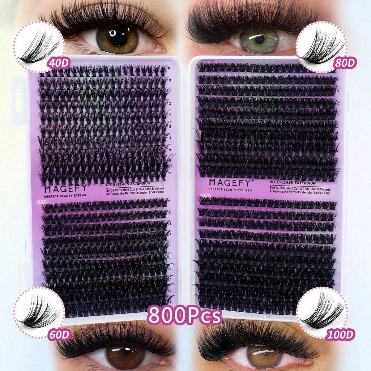 MAGEFY DIY Lashes Extensions Kit 800pcs Lash Clusters 80D/100D Wispy Individual Lashes Mix 9-18mm Cluster Eyelash Extension