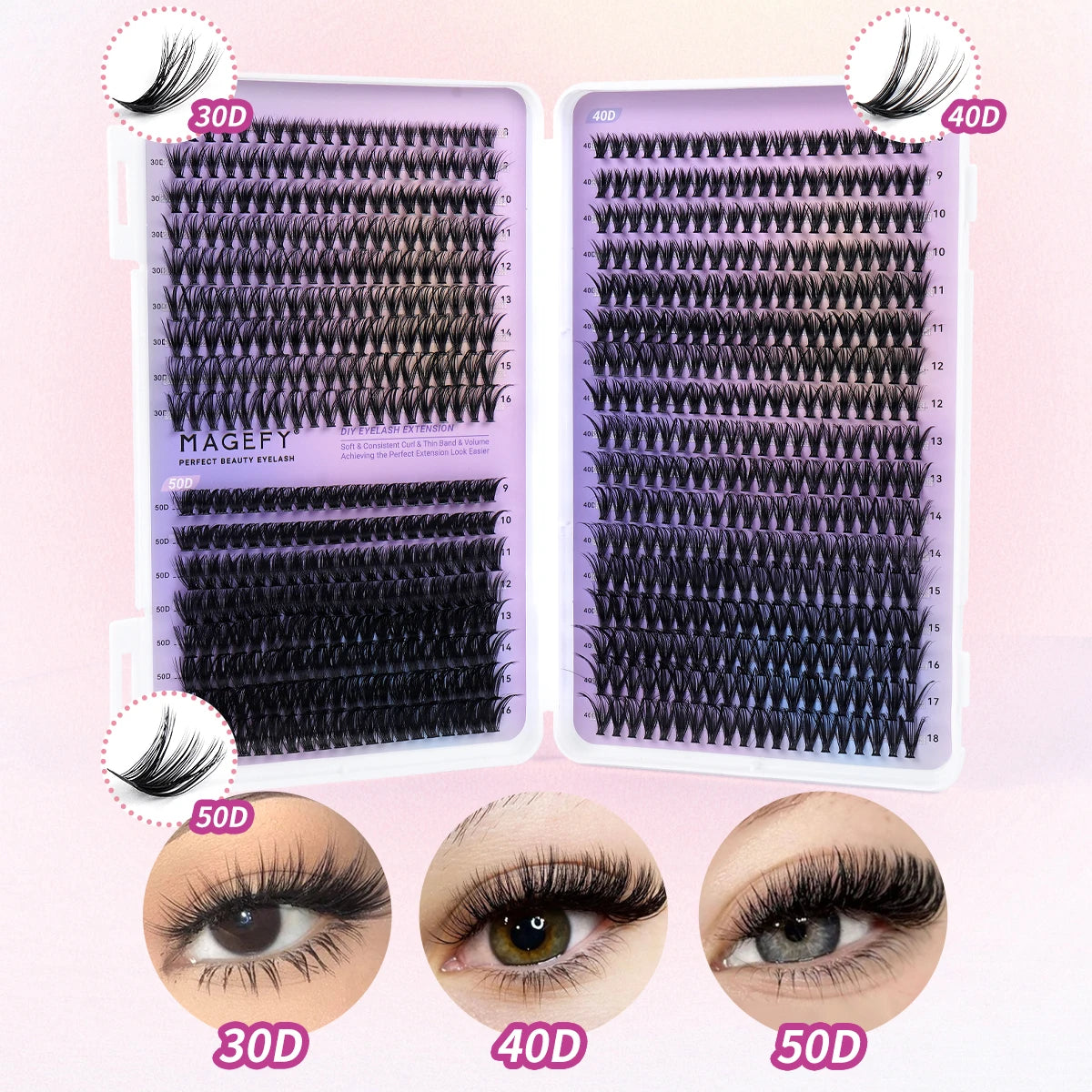 MAGEFY DIY Lashes Extensions Kit 800pcs Lash Clusters 80D/100D Wispy Individual Lashes Mix 9-18mm Cluster Eyelash Extension