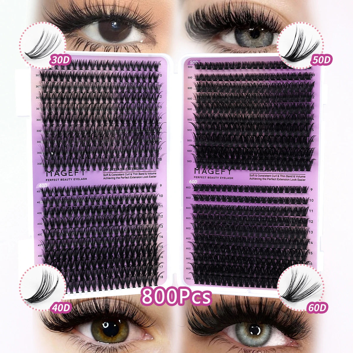 MAGEFY DIY Lashes Extensions Kit 800pcs Lash Clusters 80D/100D Wispy Individual Lashes Mix 9-18mm Cluster Eyelash Extension