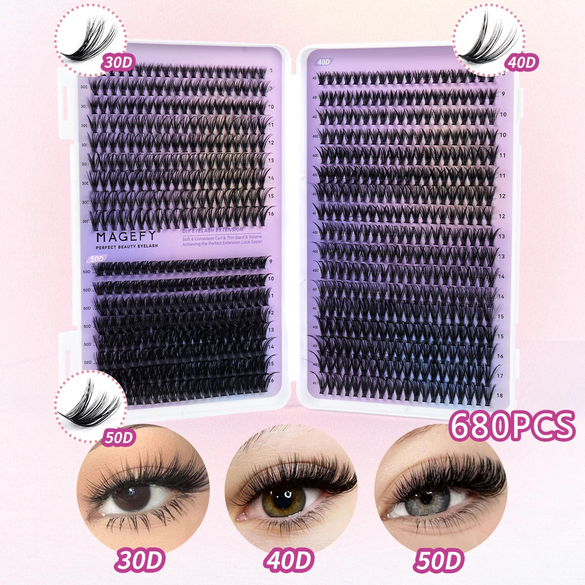 MAGEFY DIY Lashes Extensions Kit 800pcs Lash Clusters 80D/100D Wispy Individual Lashes Mix 9-18mm Cluster Eyelash Extension